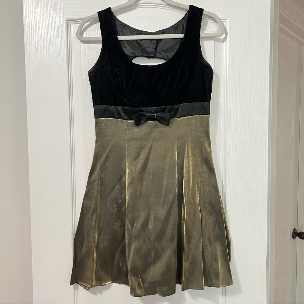 VINTAGE 90s Blondie and Me Black and Gold Metallic Bow Embellished Mini Dress